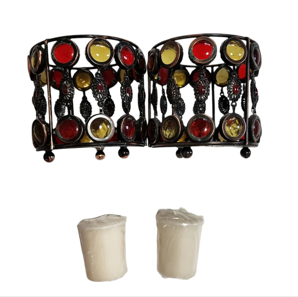 Set of 2 Wire Votive‎ Holders Boho Style with Colored Glass Bead Decoration